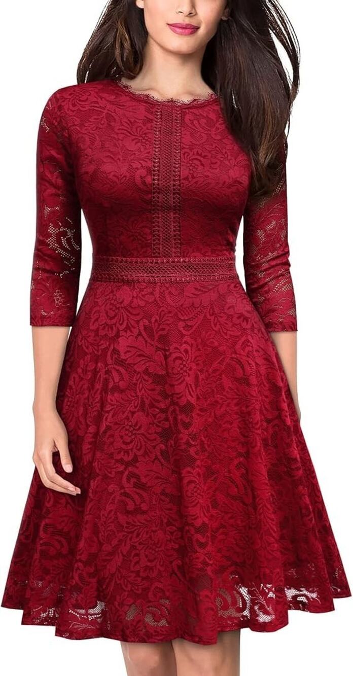 Red Lace Dress MISSMAY Contrast 3/4 Sleeve Big Swing A-Line Dress Women's XL
